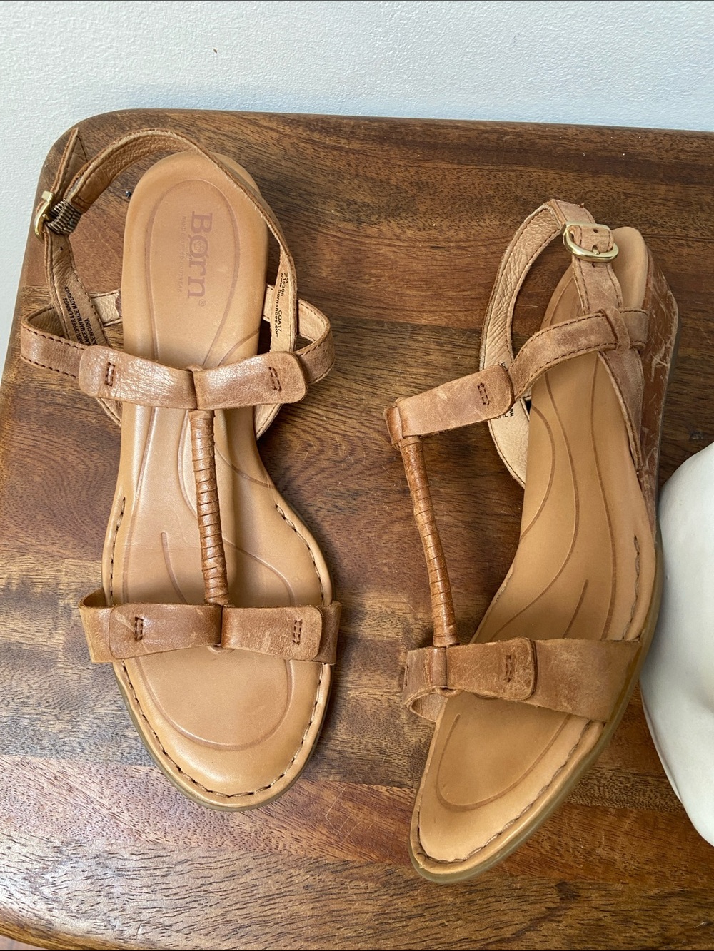 Born Tan Leather T-Strap Sandals with Ankle Buckle